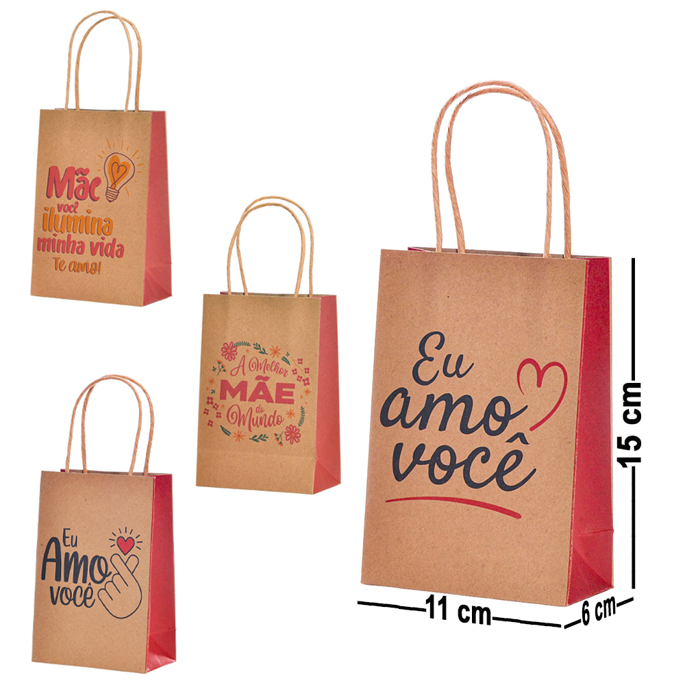 SACOLA DE PAPEL PARA PRESENTE KRAFT MARROM MAE VOCE ILUMINA MINHA VIDA TE AMO / EU AMO VOCE 15X11X6CM