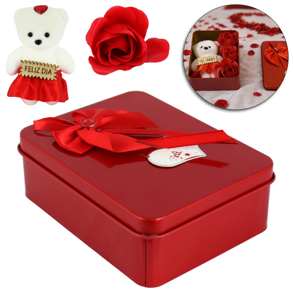 CAIXA RETANGULAR DE METAL PARA PRESENTE COM URSO + 3 FLOR ARTIFICIAL / BOTAO DE ROSA
