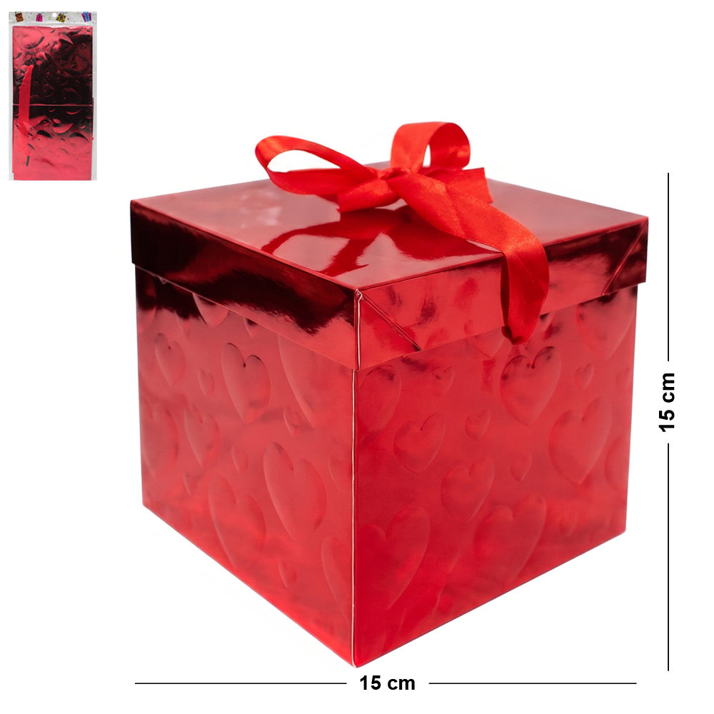CAIXA CUBO DE PAPEL PARA PRESENTE CORACOES LUXO M METALIZADO 15CM