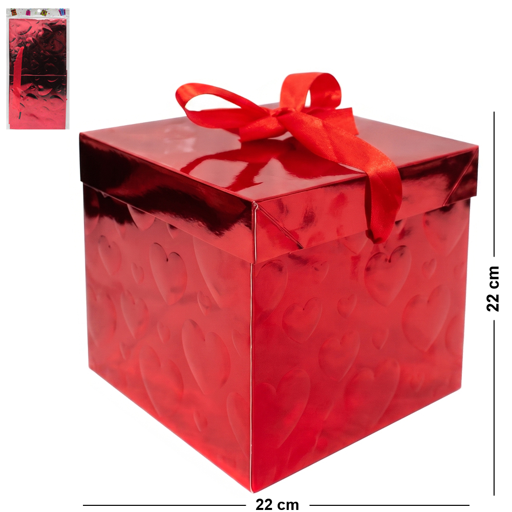 CAIXA CUBO DE PAPEL PARA PRESENTE CORACOES LUXO G METALIZADO 22CM