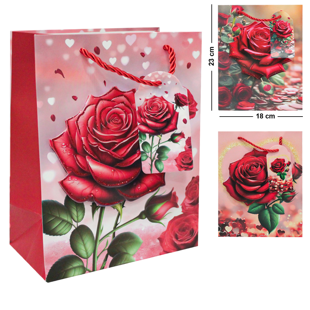 SACOLA DE PAPEL PARA PRESENTE LUXO FLORAL COM GLITTER 3D 23X18X10CM