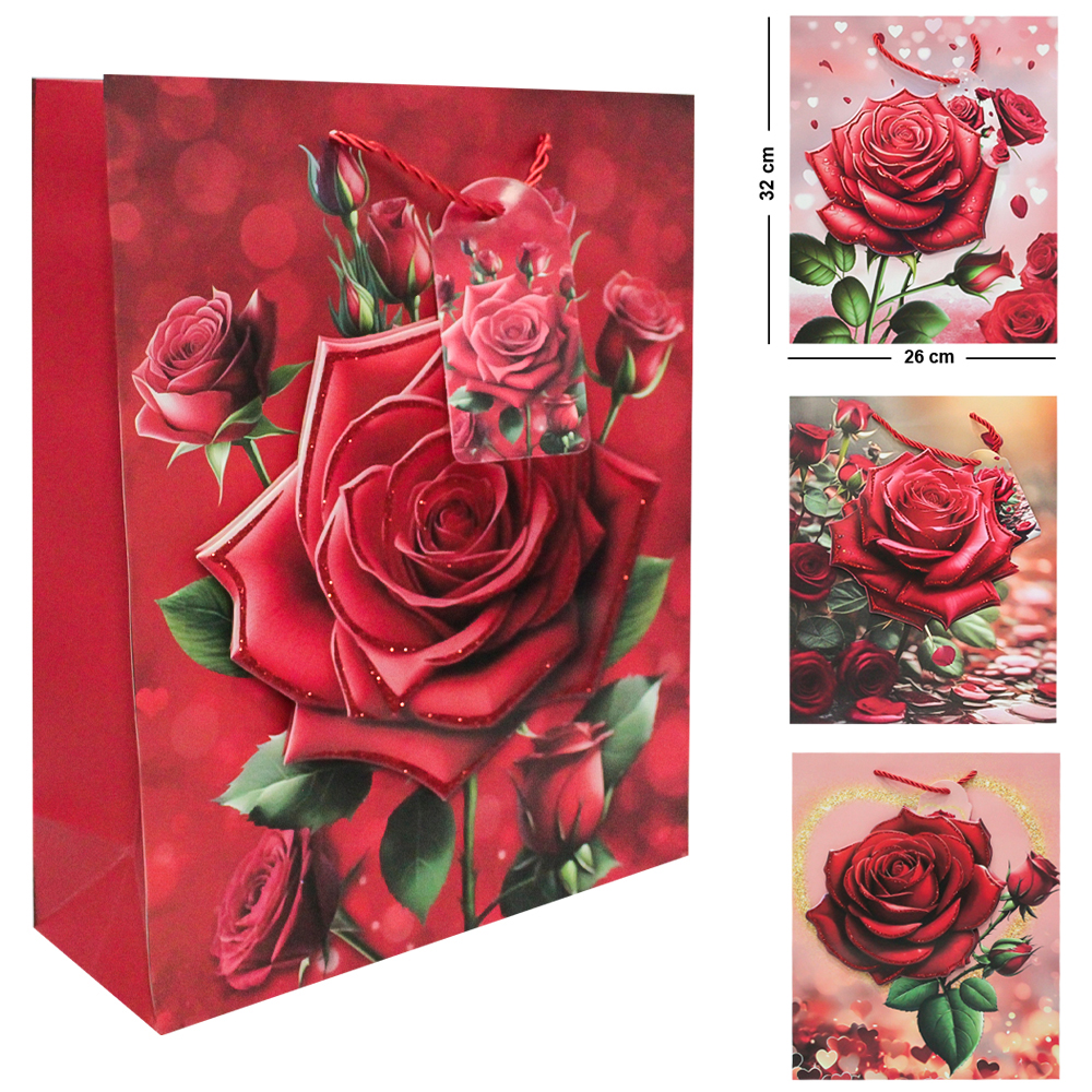 SACOLA DE PAPEL PARA PRESENTE LUXO FLORAL COM GLITTER 3D 32X26X10CM