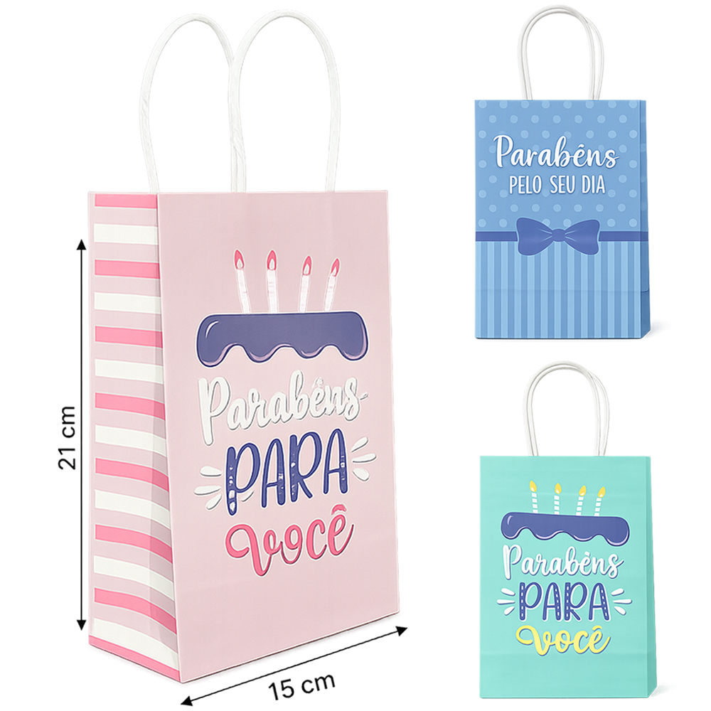 SACOLA DE PAPEL PARA PRESENTE ESTAMPAS SORTIDAS 21X15X8CM