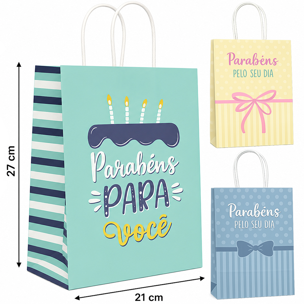 SACOLA DE PAPEL PARA PRESENTE ESTAMPAS SORTIDAS 27X21X11CM