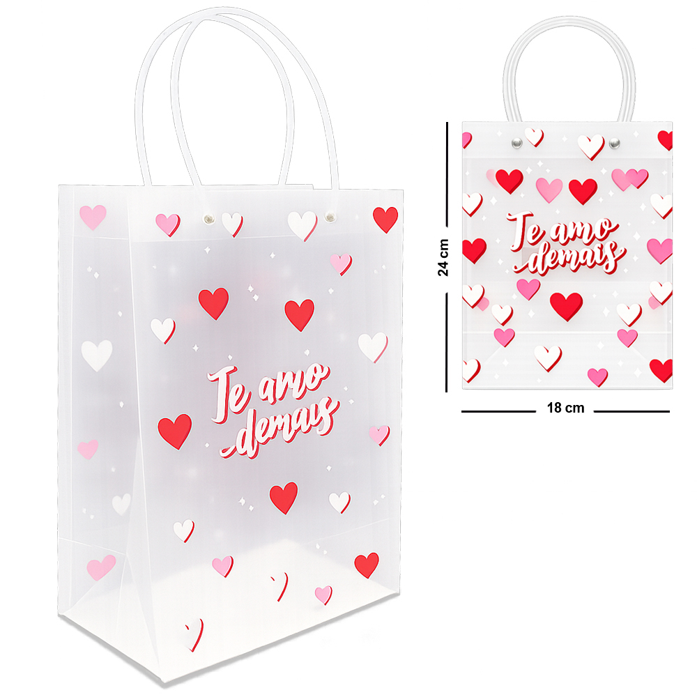 BOLSA SACOLA DE PLASTICO PARA PRESENTE TRANSPARENTE TE AMO EM CADA DETALHE / TE AMO DEMAIS P 24X18X10CM 