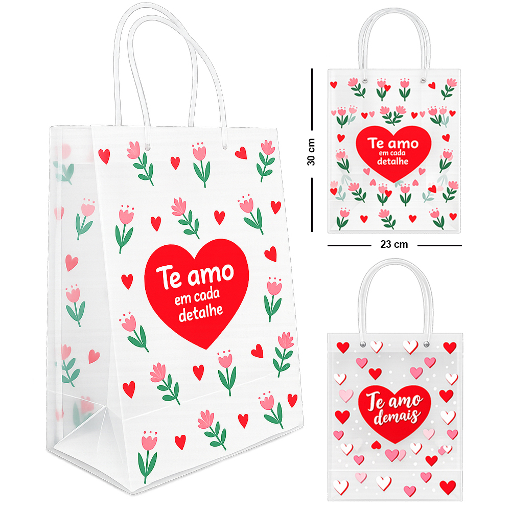 BOLSA SACOLA DE PLASTICO PARA PRESENTE TRANSPARENTE TE AMO EM CADA DETALHE / TE AMO DEMAIS G 30X23X12CM