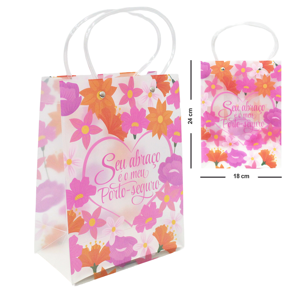 BOLSA SACOLA DE PLASTICO PARA PRESENTE TRANSPARENTE FLORAL SEU ABRACO E O MEU PORTO-SEGURO 24X18X10CM
