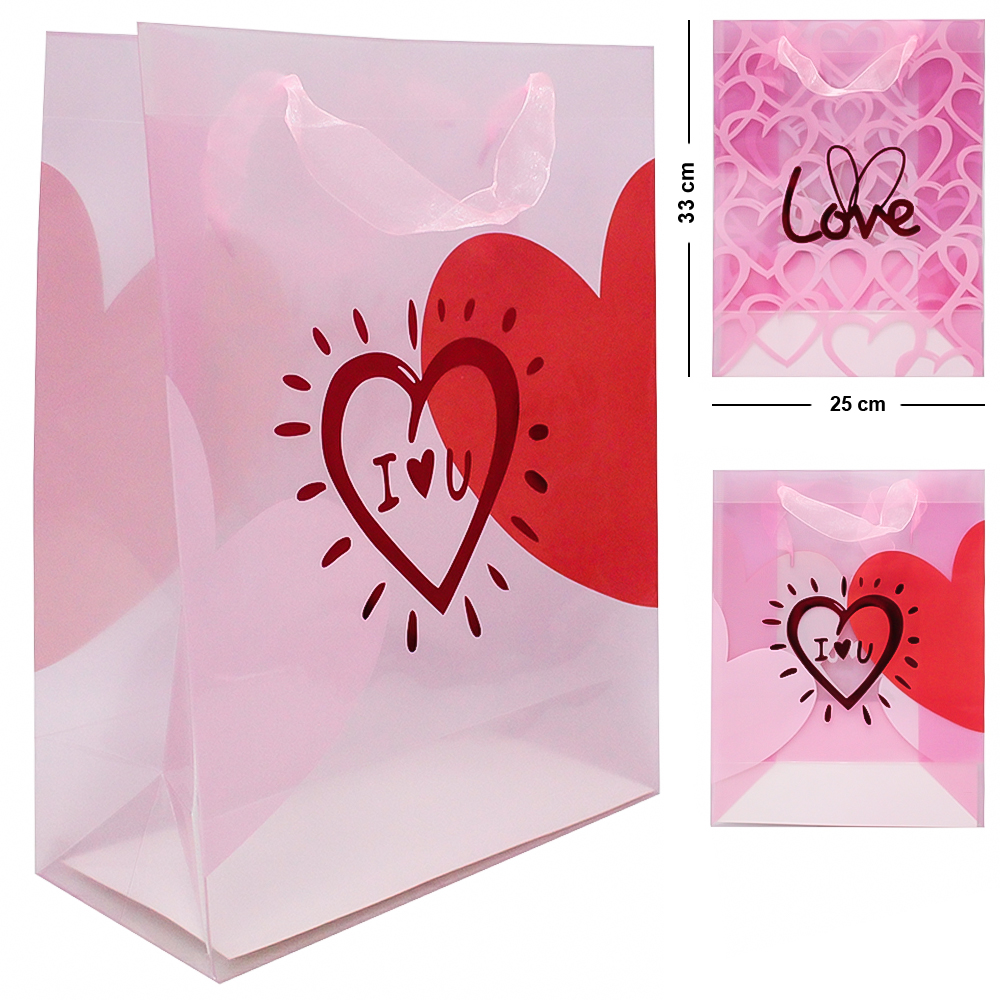 BOLSA SACOLA DE PLASTICO PARA PRESENTE TRANSPARENTE LOVE CORACAO G 33X25X12CM