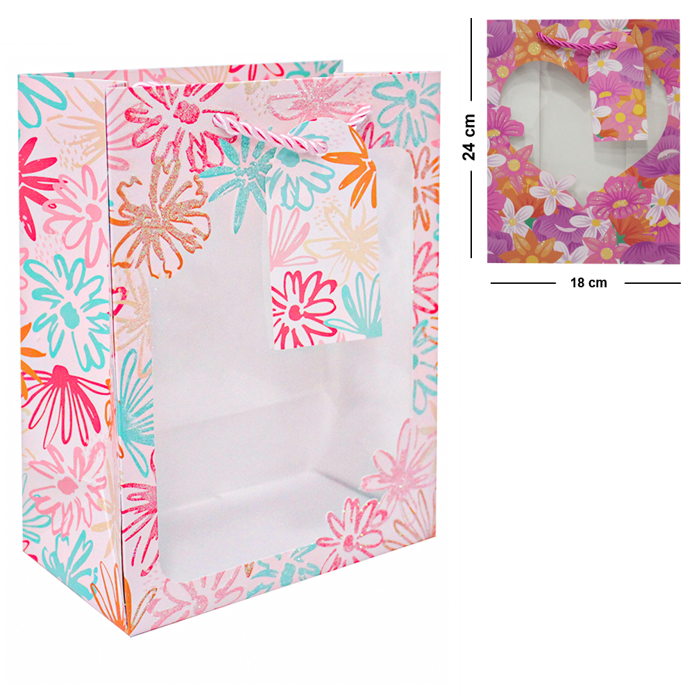 SACOLA DE PAPEL PARA PRESENTE LUXO FLORAL COMO GLITTER COM VISOR P 23X18X10CM