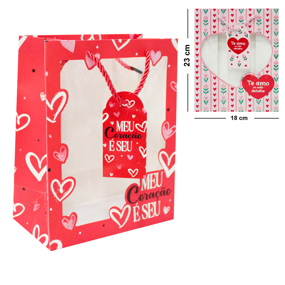 SACOLA DE PAPEL PARA PRESENTE LUXO TE AMO DEMAIS COM GLITTER COM VISOR P 23X18X10CM
