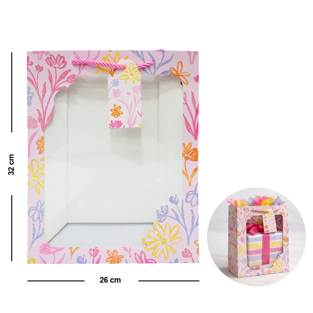 SACOLA DE PAPEL PARA PRESENTE LUXO FLORAL COM GLITTER COM VISOR M 32X26X12CM