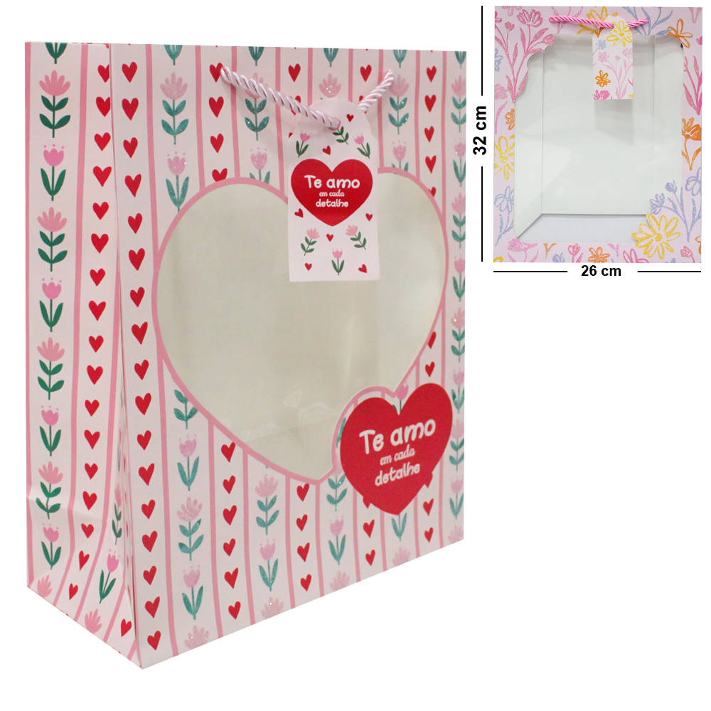 SACOLA DE PAPEL PAR PRESENTE LUXO TE AMO EM CADA DETALHE COM GLITTER COM VISOR CORACAO G 32X26X12CM