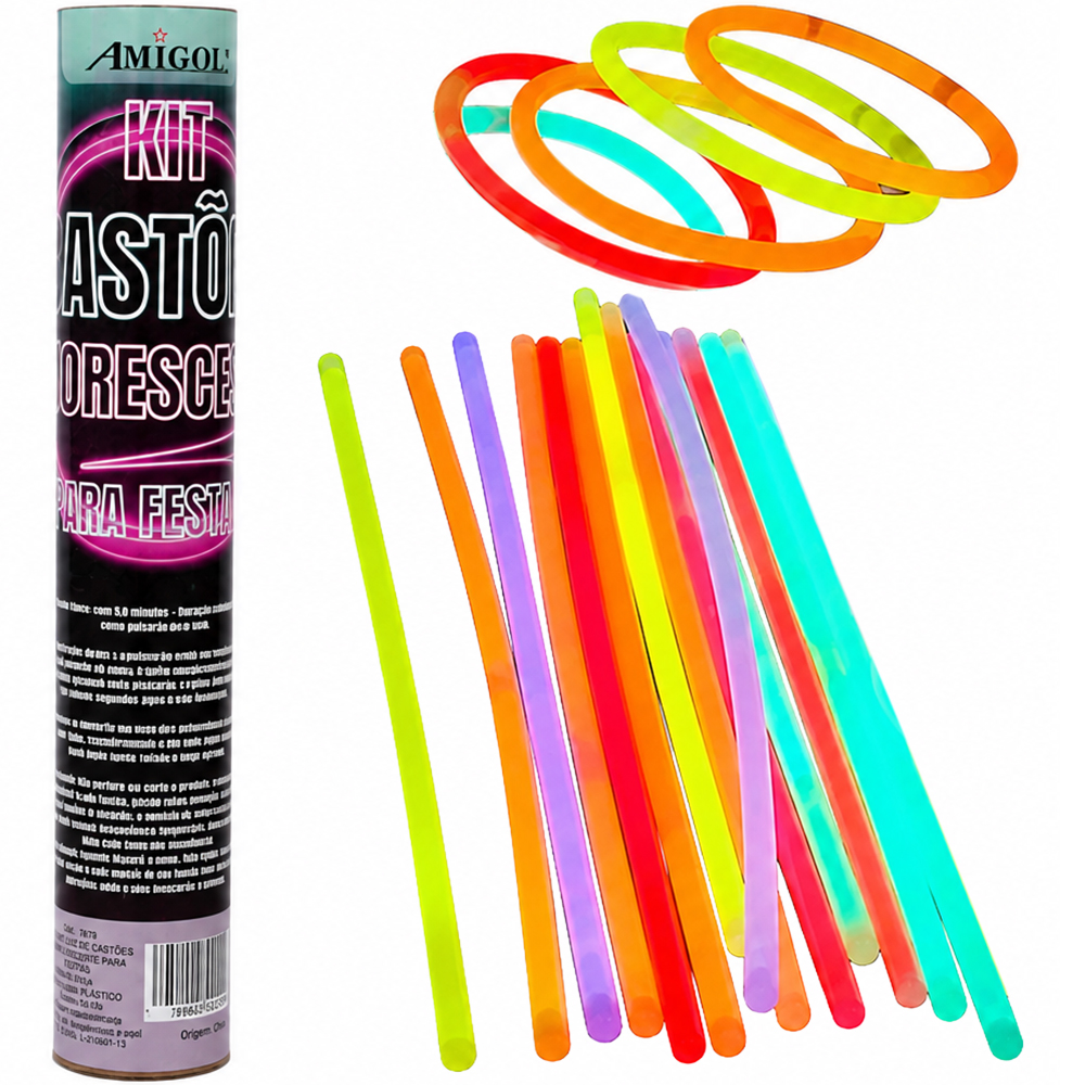 PULSEIRA NEON / KIT BASTOES FLUORESCENTES PARA FESTAS COM 50 PECAS 20CM NO TUBO