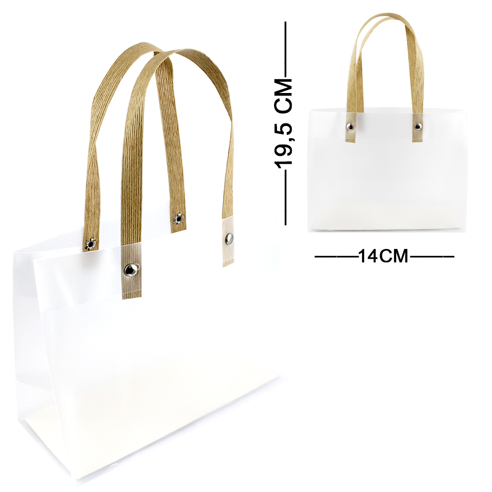 BOLSA SACOLA DE PLASTICO PARA PRESENTE TRANSPARENTE COM ALCA DE PAPEL 19,5X14,5X8,5CM