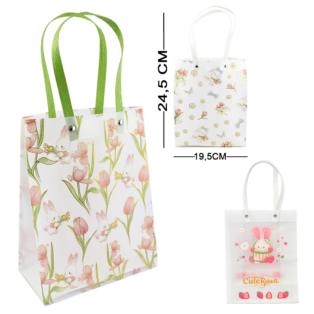 BOLSA SACOLA DE PLASTICO PARA PRESENTE TRANSPARENTE COM ALCA DE PAPEL 24,5X19,5X9,5CM