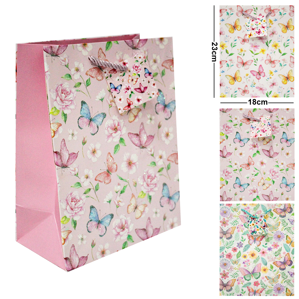 BOLSA SACOLA DE PAPEL PARA PRESENTE LUXO BORBOLETAS COM GLITTER P 23X18X10CM