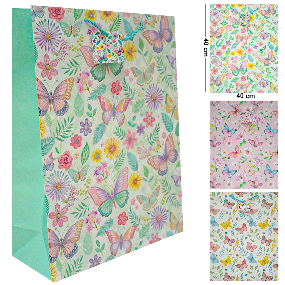 BOLSA SACOLA DE PAPEL PARA PRESENTE LUXO BORBOLETAS COM GLITTER G 40X30X12CM