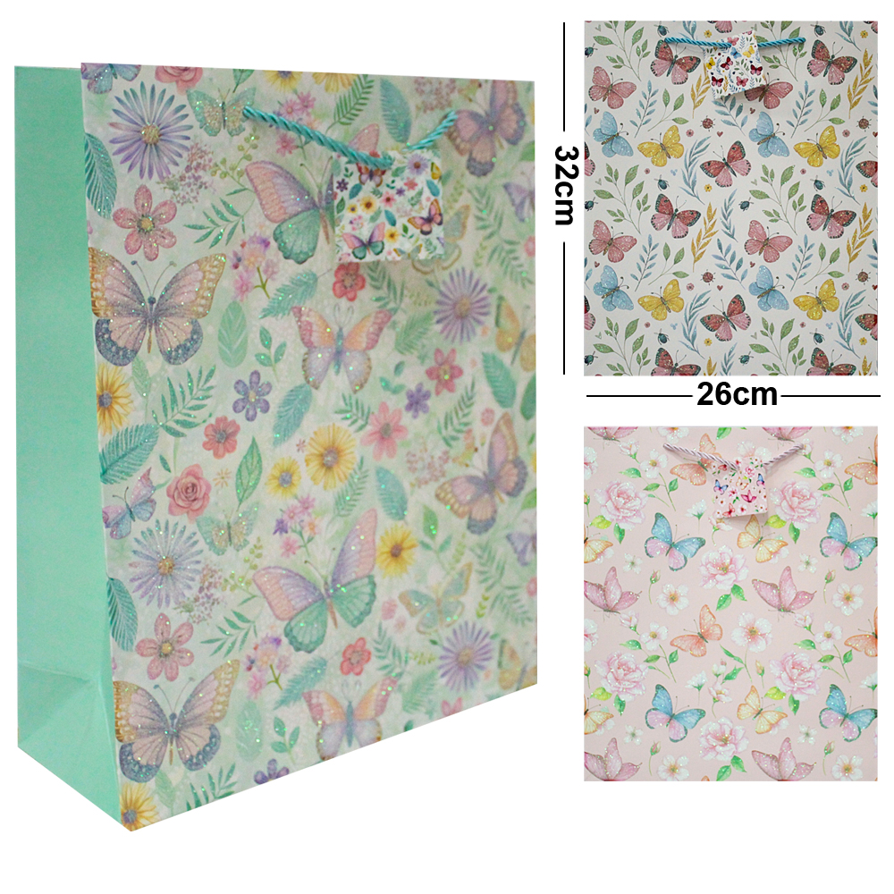 BOLSA SACOLA DE PAPEL PARA PRESENTE LUXO BORBOLETAS C/GLITTER M 32X26X10CM