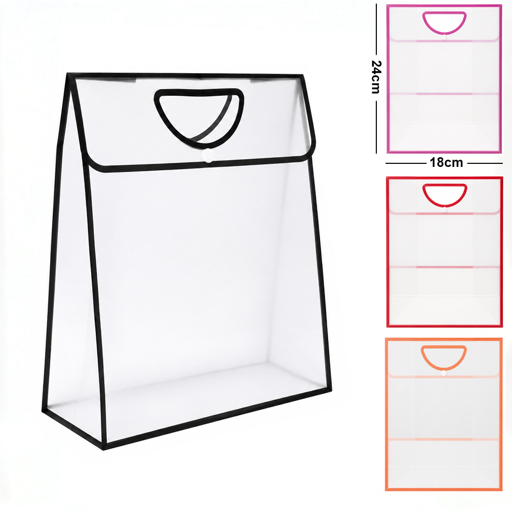 BOLSA SACOLA DE PLASTICO PARA PRESENTE TRANSPARENTE COM BOTAO 24X18X9,5CM