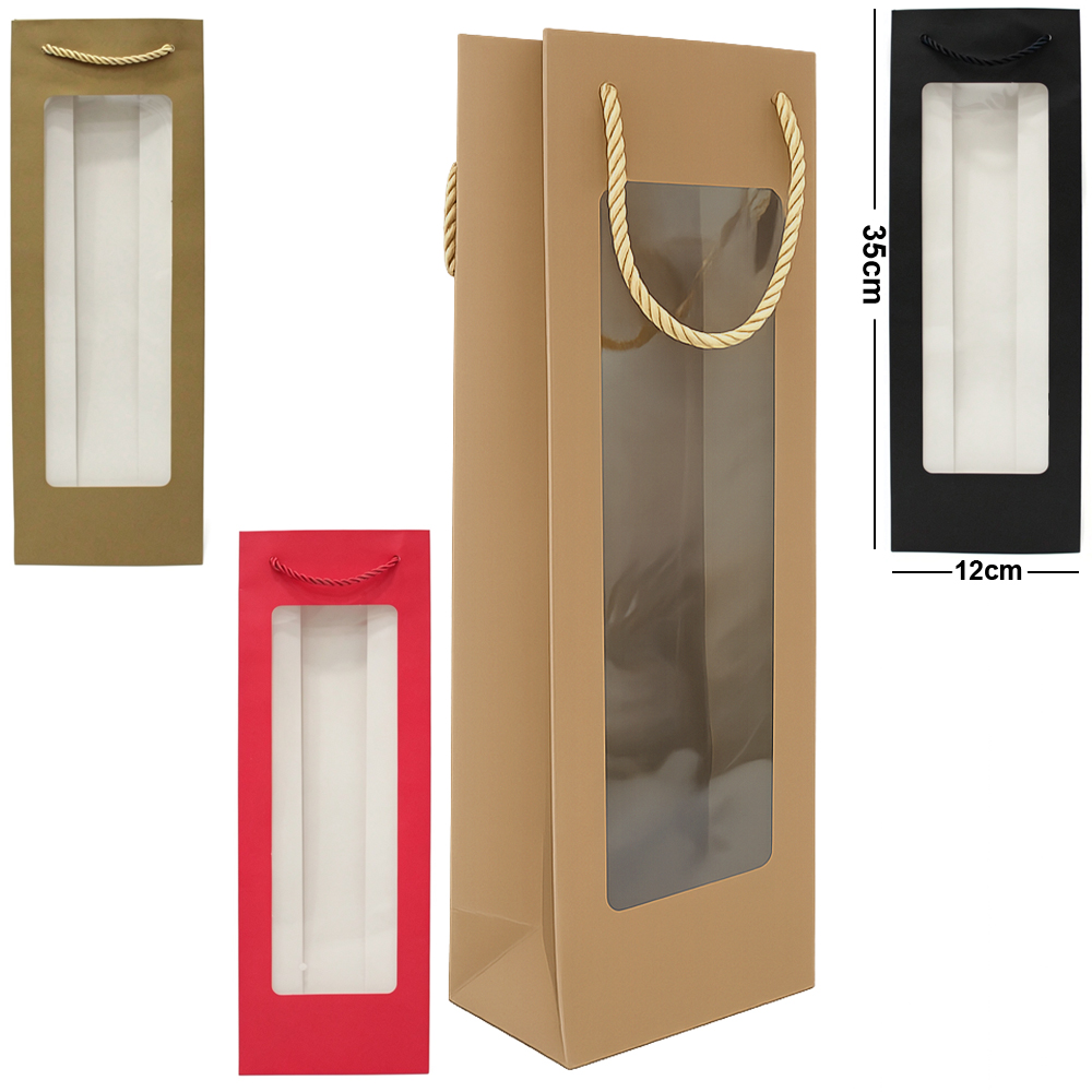 BOLSA SACOLA DE PAPEL PARA GARRAFA DE VINHO COM VISOR 35X12X9CM