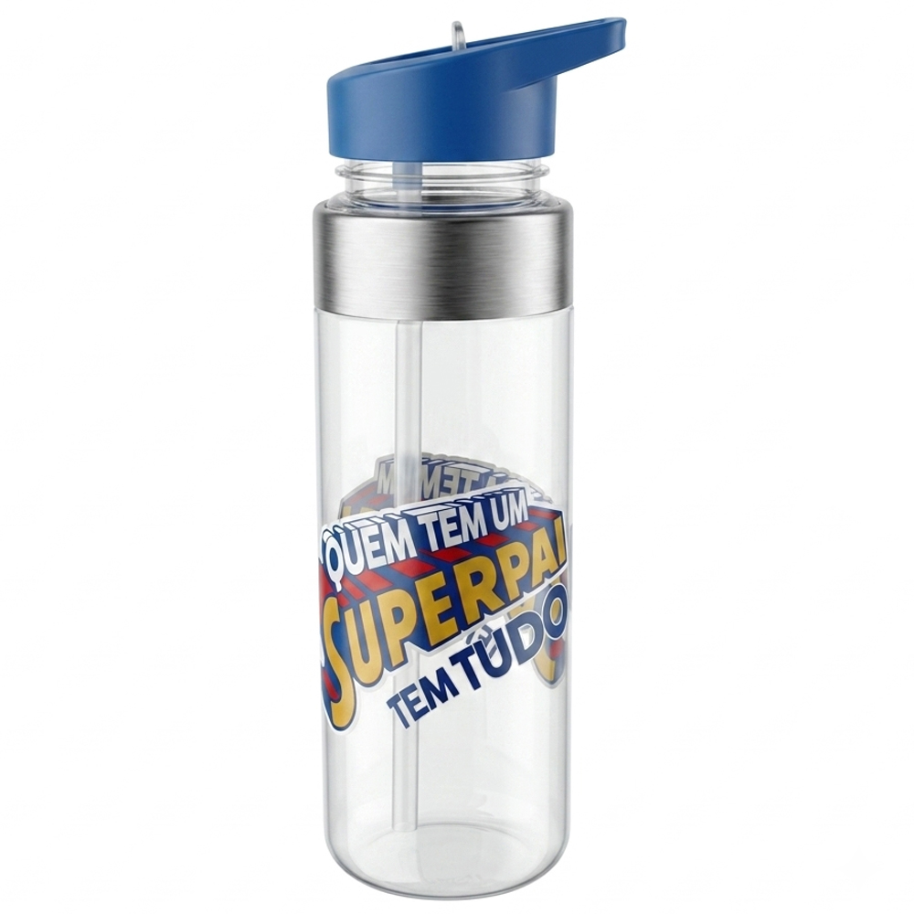 GARRAFA SQUEEZE DE PLASTICO AS / INOX FRASES PAI COM CANUDO + TAMPA FLIP TOP E ALCA 700ML