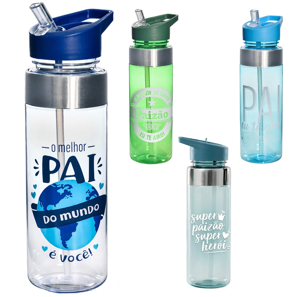 GARRAFA SQUEEZE DE PLASTICO AS / INOX FRASES PAI COM CANUDO + TAMPA FLIP TOP E ALCA 700ML
