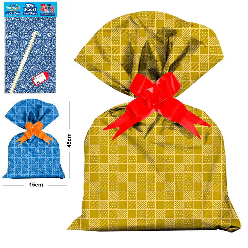 KIT FACIL COM SACO DE PRESENTE CASUAL 15X45CM + FITA LACO E TAG DE / PARA