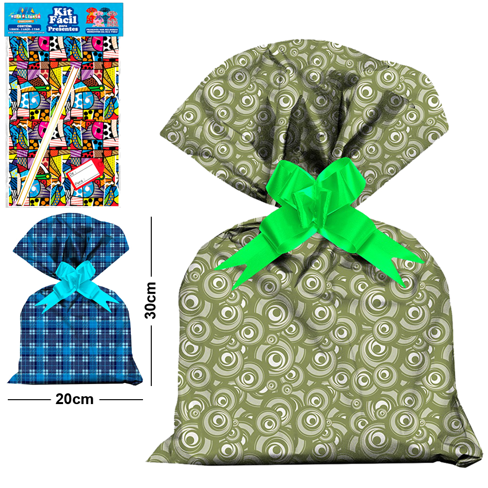 KIT FACIL COM SACO DE PRESENTE CASUAL 20X30CM + FITA LACO E TAG DE / PARA