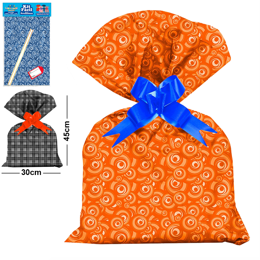 KIT FACIL COM SACO DE PRESENTE CASUAL 30X45CM + FITA LACO E TAG DE / PARA