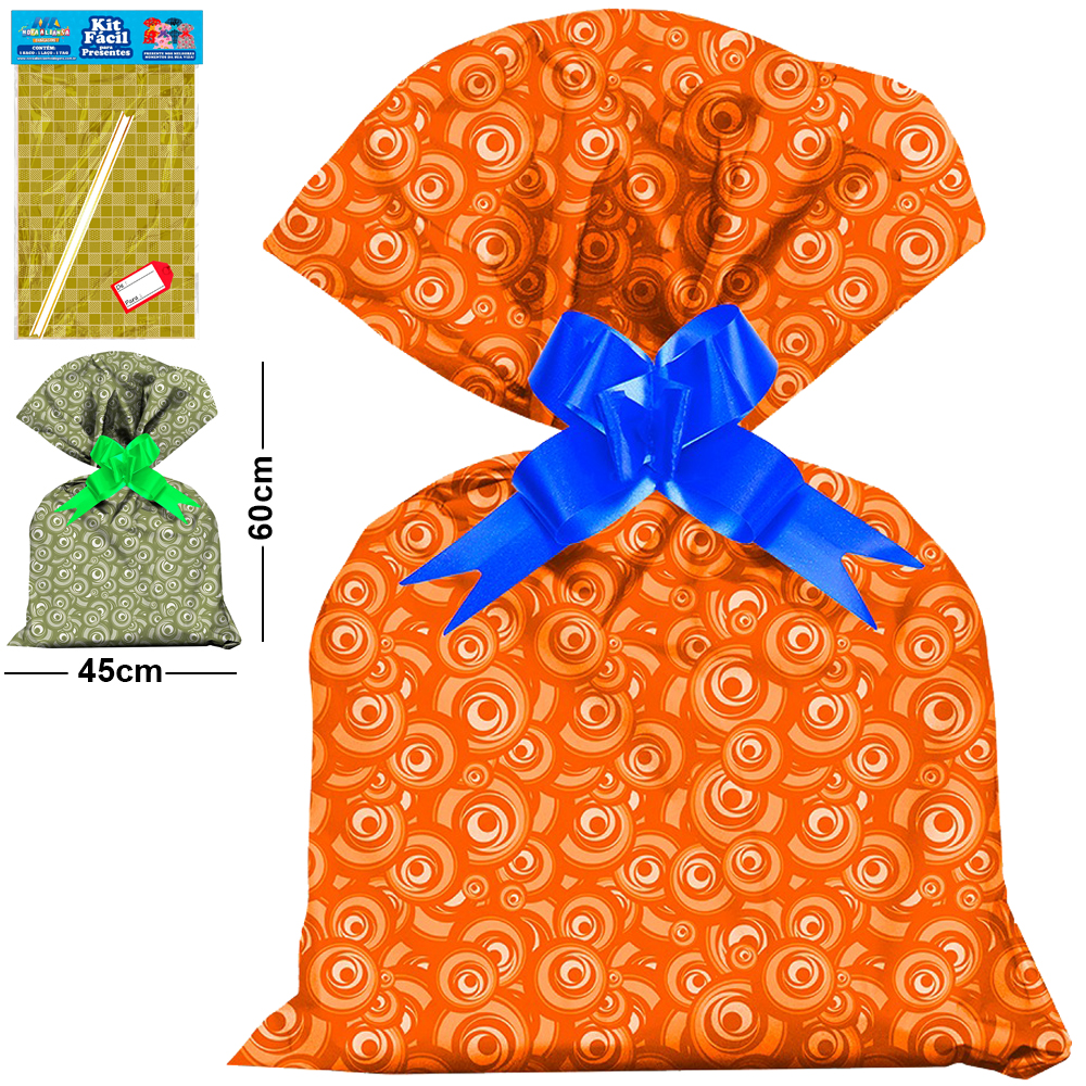 KIT FACIL COM SACO DE PRESENTE CASUAL 45X60CM + FITA LACO E TAG DE / PARA