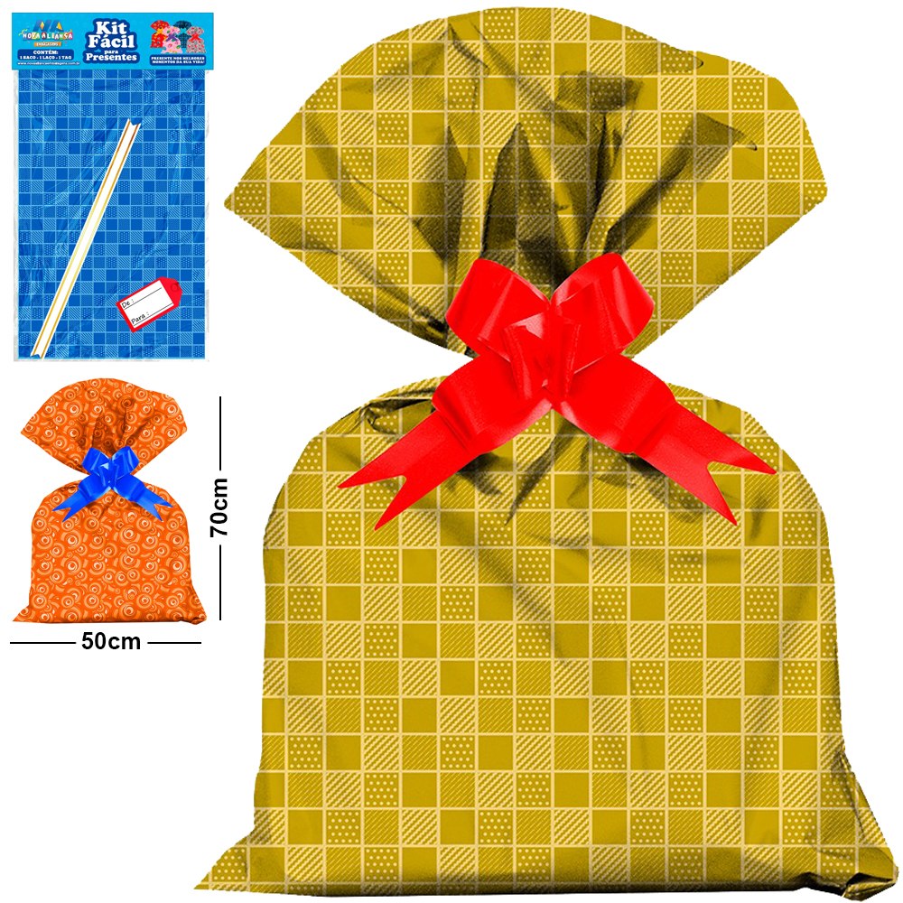 KIT FACIL COM SACO DE PRESENTE CASUAL 50X70CM + FITA LACO E TAG DE / PARA
