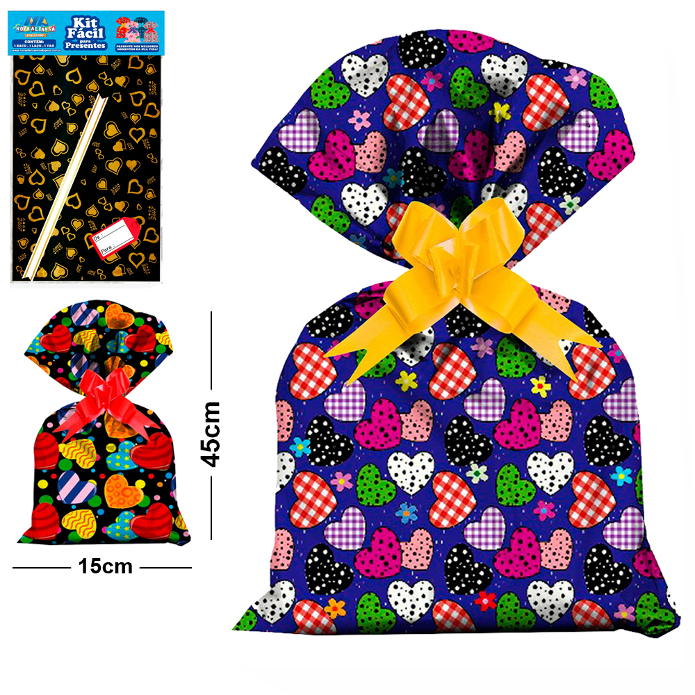 KIT FACIL COM SACO DE PRESENTE FEMININO 15X45CM + FITA LACO E TAG DE / PARA