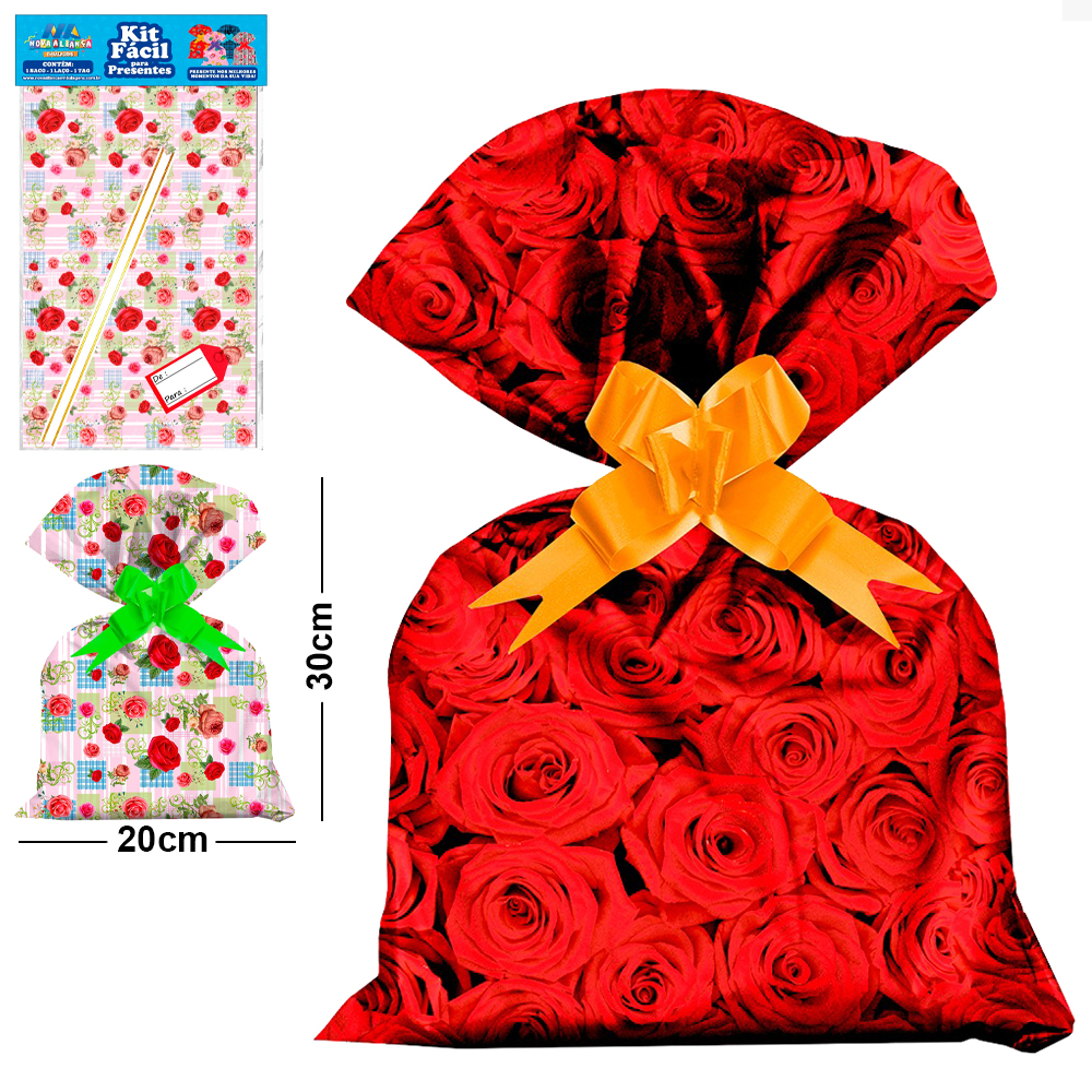 KIT FACIL COM SACO DE PRESENTE FEMININO 20X30CM + FITA LACO E TAG DE / PARA