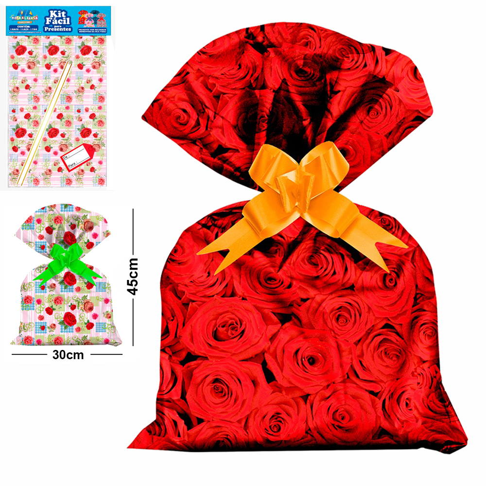 KIT FACIL COM SACO DE PRESENTE FEMININO 30X45CM + FITA LACO E TAG DE / PARA