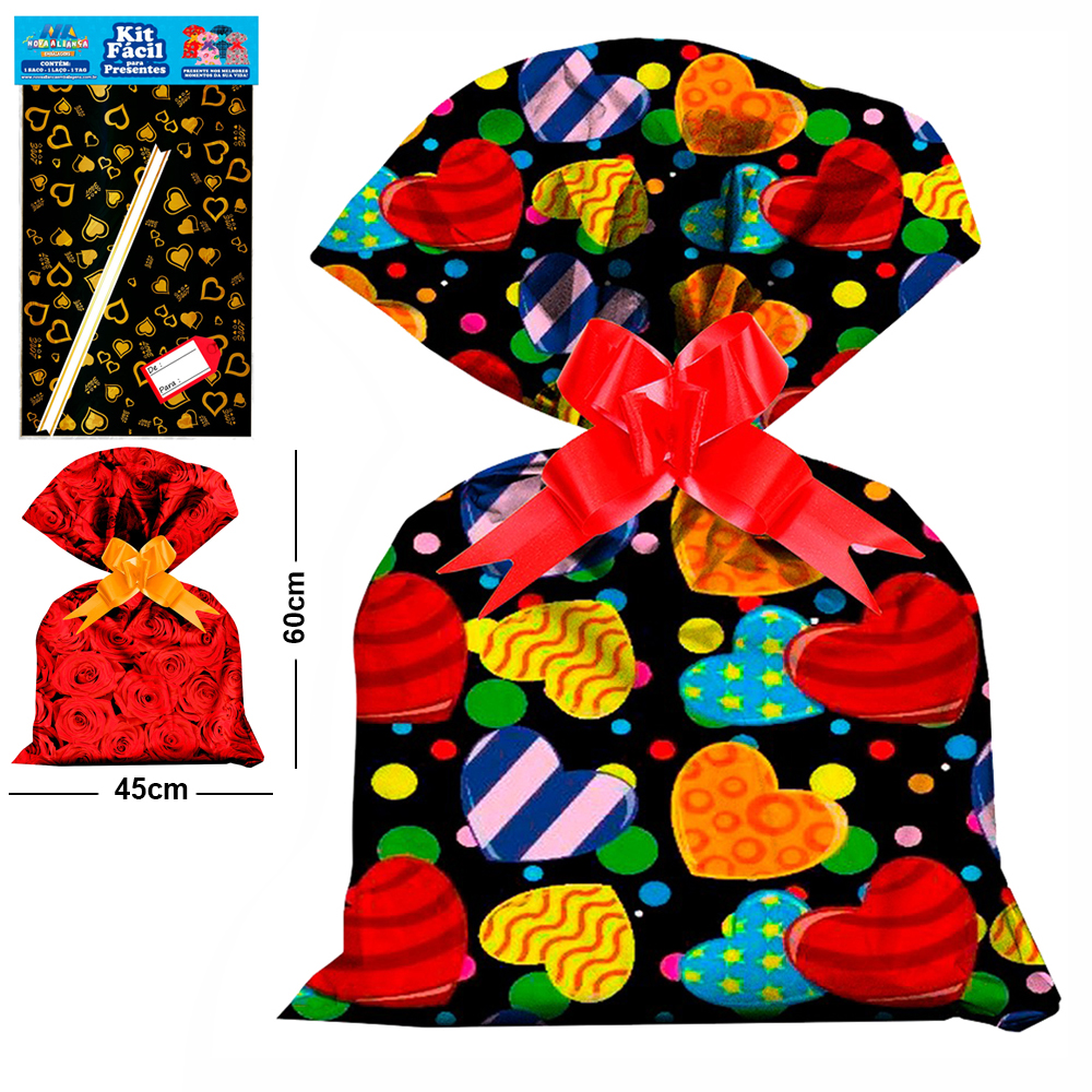 KIT FACIL COM SACO DE PRESENTE FEMININO 45X60CM + FITA LACO E TAG DE / PARA