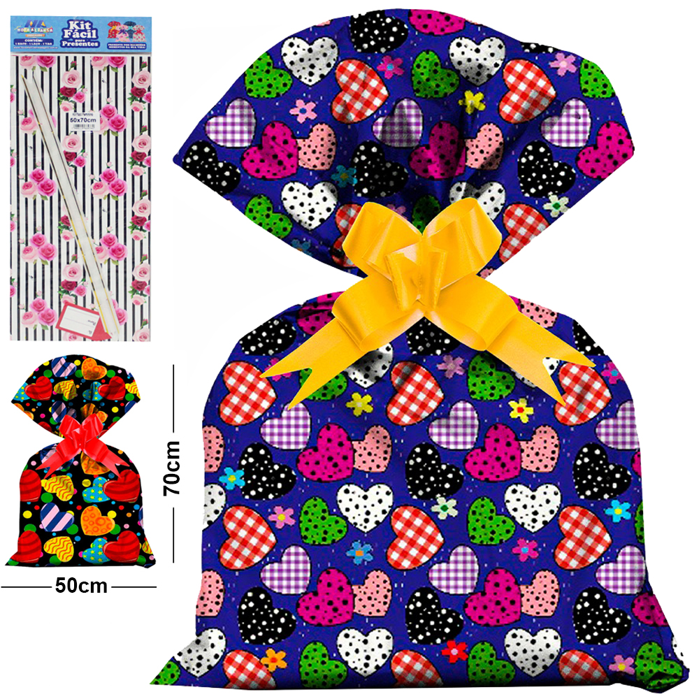 KIT FACIL COM SACO DE PRESENTE FEMININO 50X70CM + FITA LACO E TAG DE / PARA