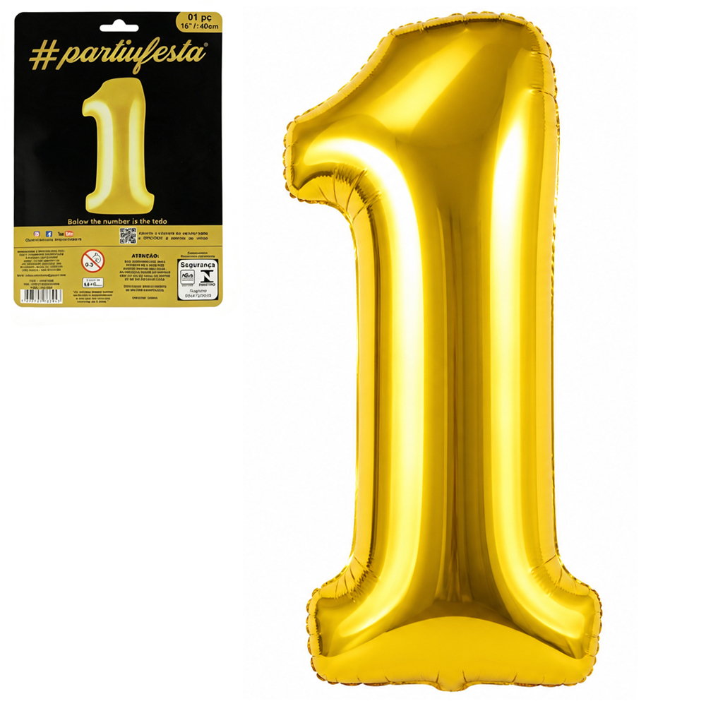 BALAO / BEXIGA NUMERO 1 METALIZADO DOURADO 16'' 40CM 