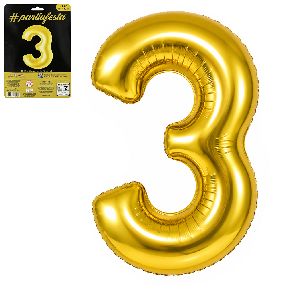 BALAO / BEXIGA NUMERO 3 METALIZADO DOURADO 16'' 40CM 