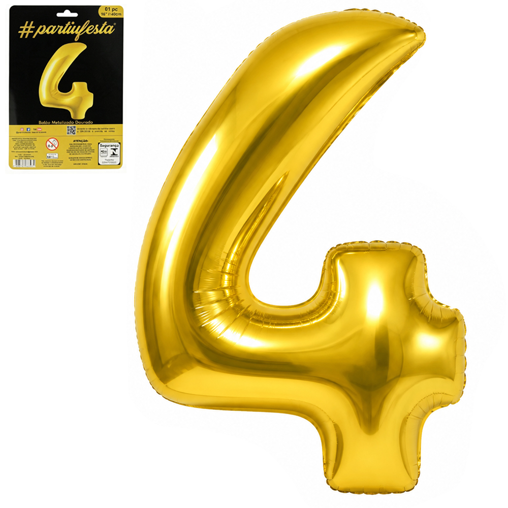 BALAO / BEXIGA NUMERO 4 METALIZADO DOURADO 16'' 40CM 