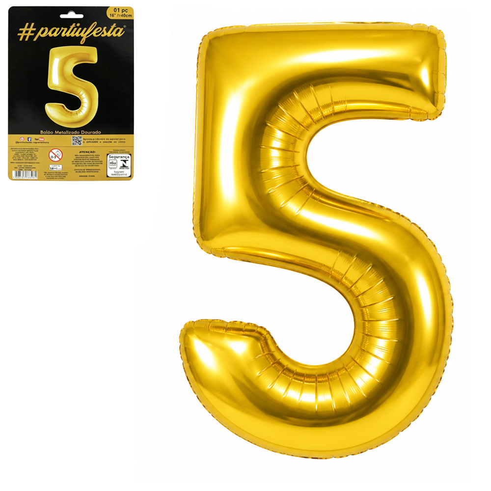 BALAO / BEXIGA NUMERO 5 METALIZADO DOURADO 16'' 40CM 