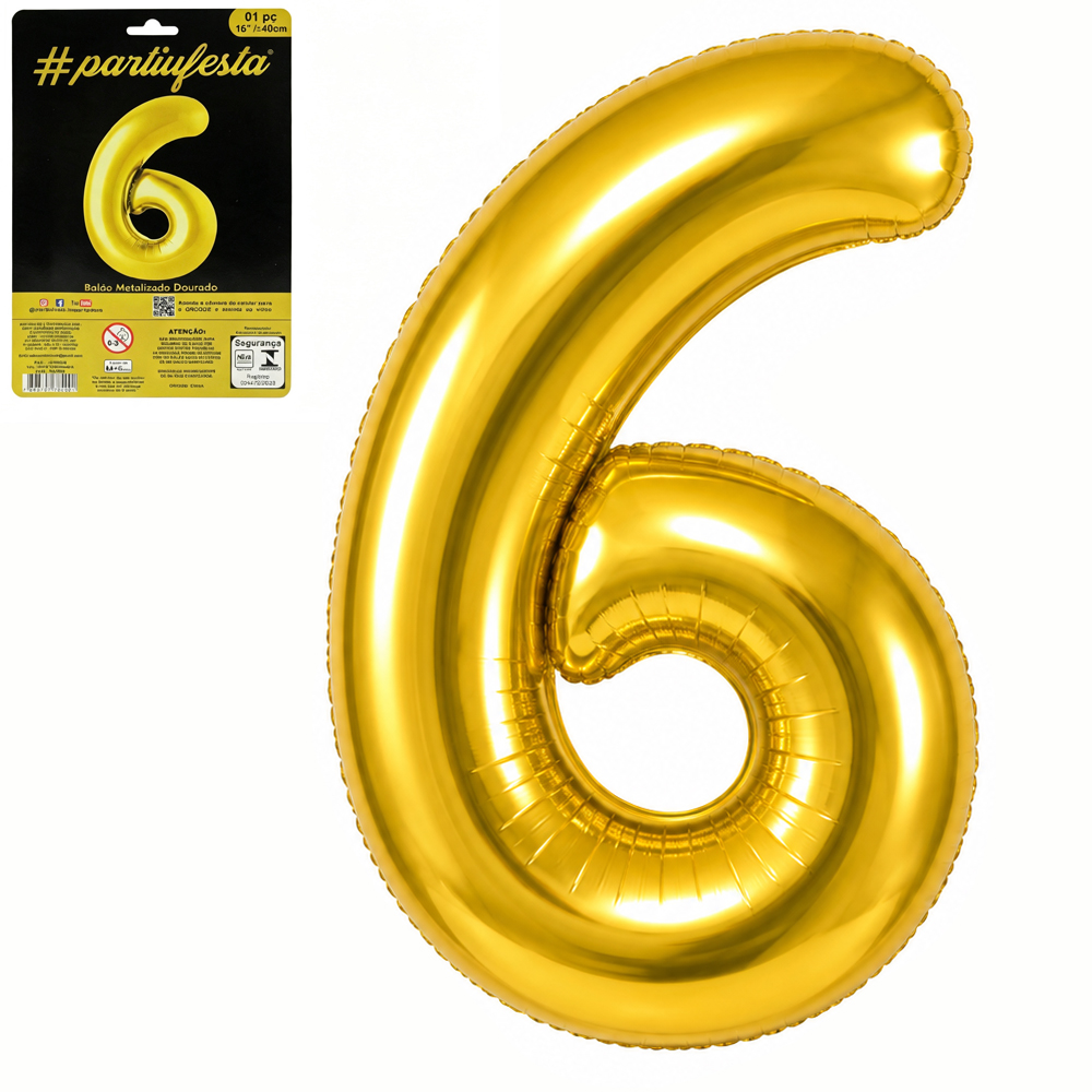 BALAO / BEXIGA NUMERO 6 METALIZADO DOURADO 16'' 40CM 