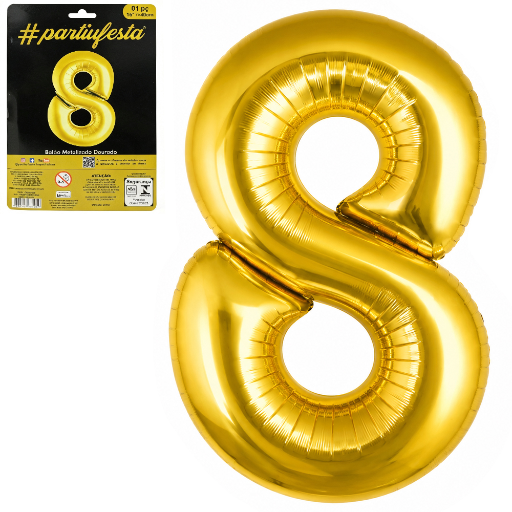 BALAO / BEXIGA NUMERO 8 METALIZADO DOURADO 16'' 40CM  