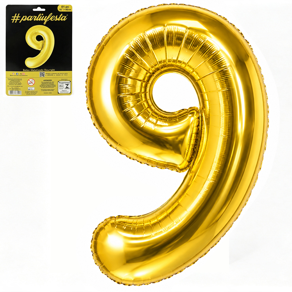  BALAO / BEXIGA NUMERO 9 METALIZADO DOURADO 16'' 40CM 
