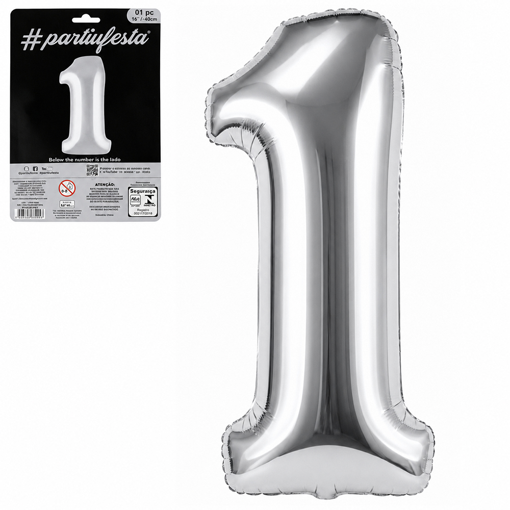 BALAO / BEXIGA NUMERO 1 METALIZADO PRATA 16'' 40CM 