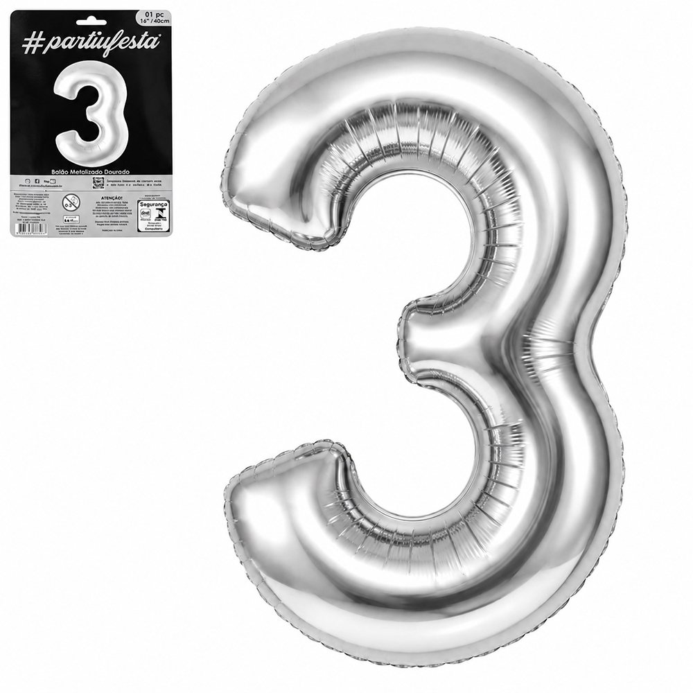 BALAO / BEXIGA NUMERO 3 METALIZADO PRATA 16'' 40CM 