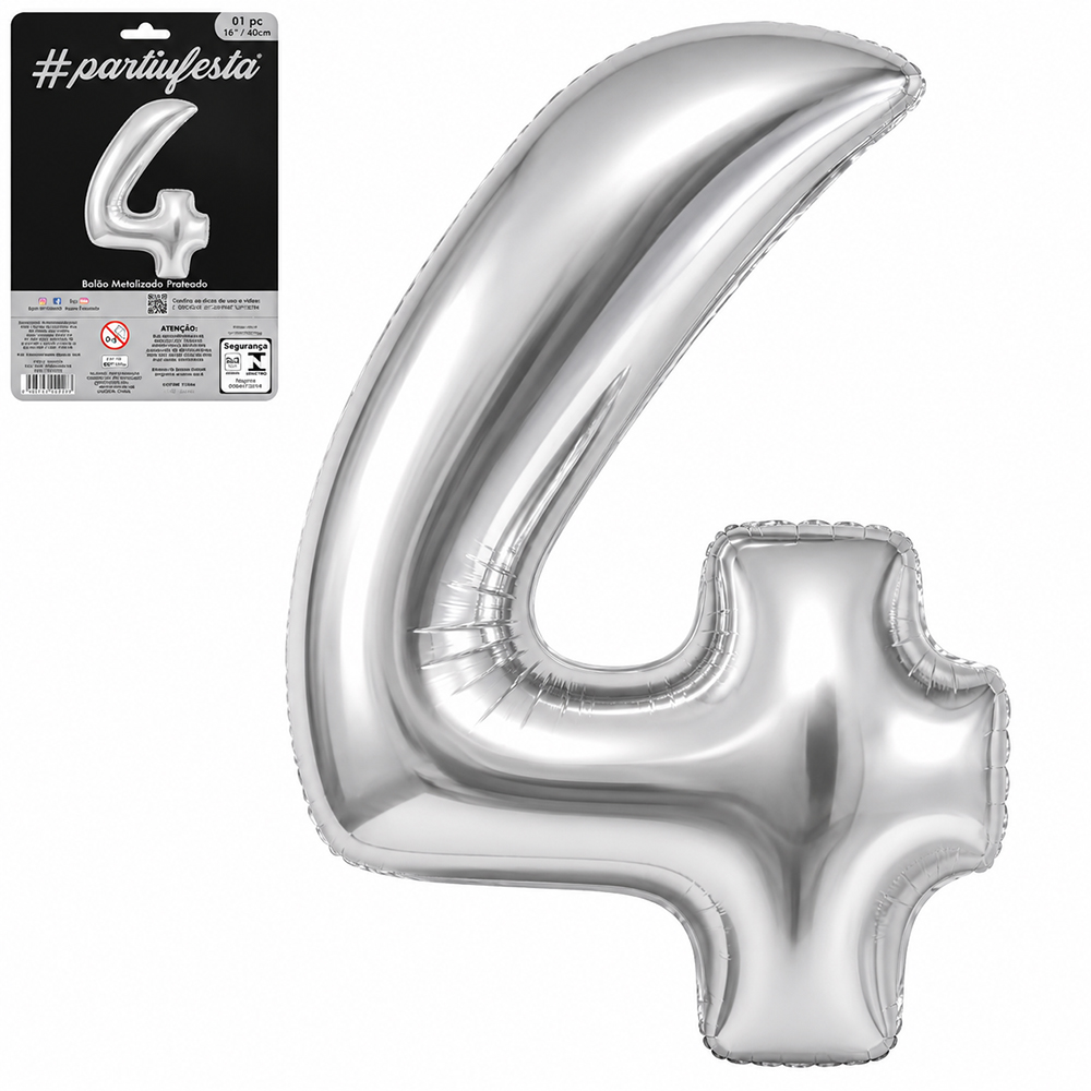 BALAO / BEXIGA NUMERO 4 METALIZADO PRATA 16'' 40CM 
