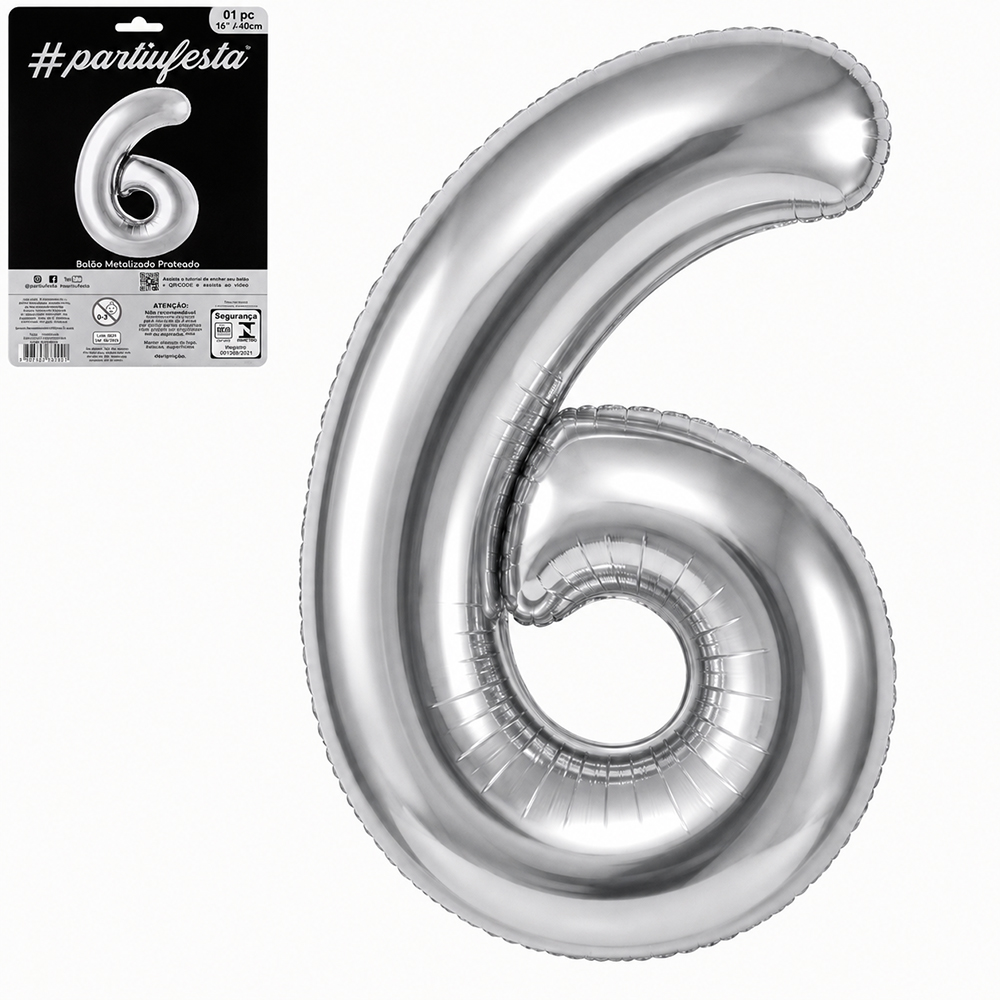BALAO / BEXIGA NUMERO 6 METALIZADO PRATA 16'' 40CM 