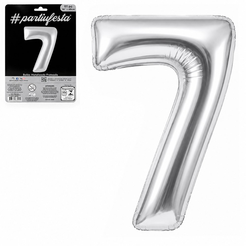 BALAO / BEXIGA NUMERO 7 METALIZADO PRATA 16'' 40CM 