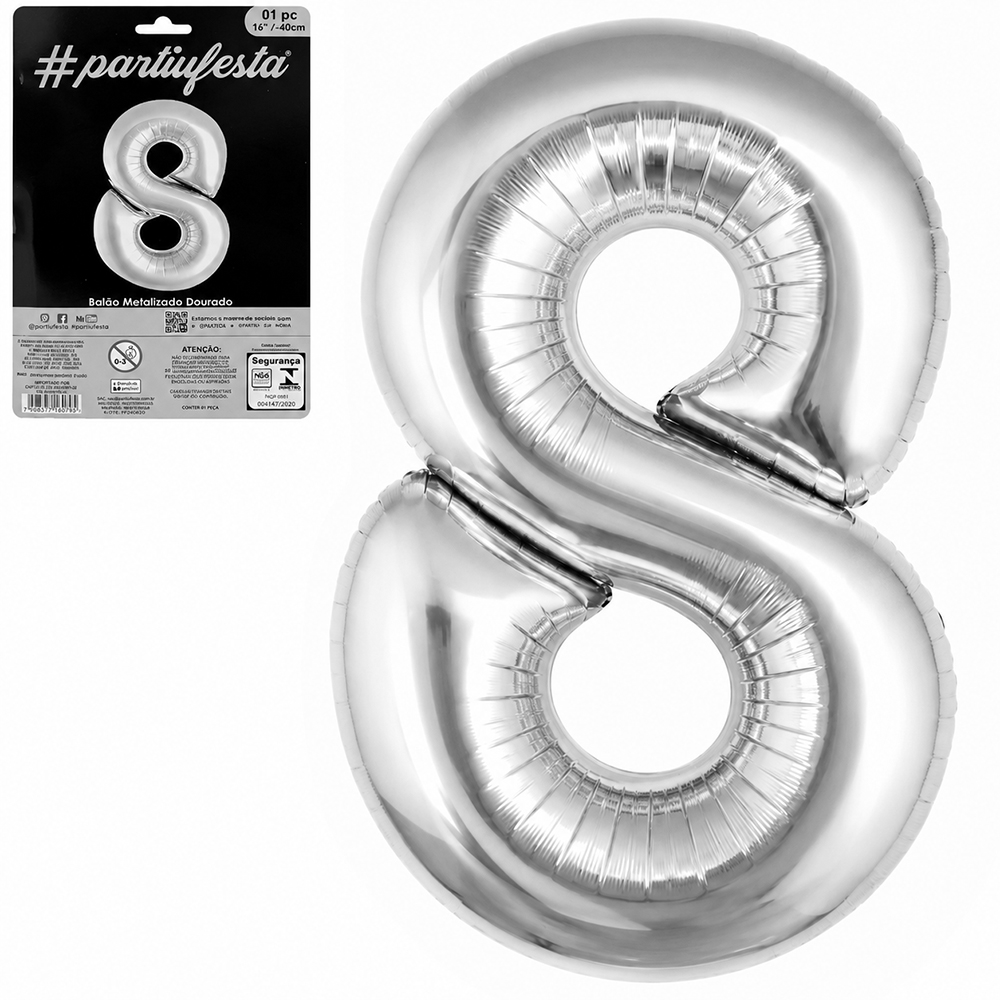 BALAO / BEXIGA NUMERO 8 METALIZADO PRATA 16'' 40CM 