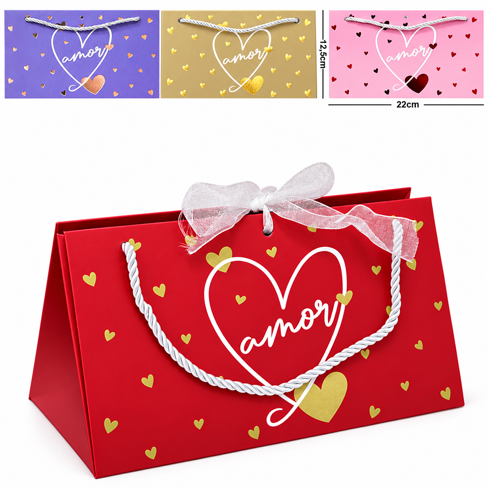 BOLSA SACOLA DE PAPEL PARA PRESENTE LUXO CORACOES COM TULE 22X12,5X11,5CM 